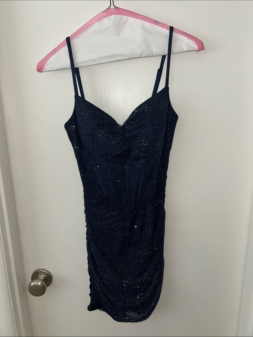 B Darlin Navy Sparkle Ruched Mini Dress with Spaghetti Straps